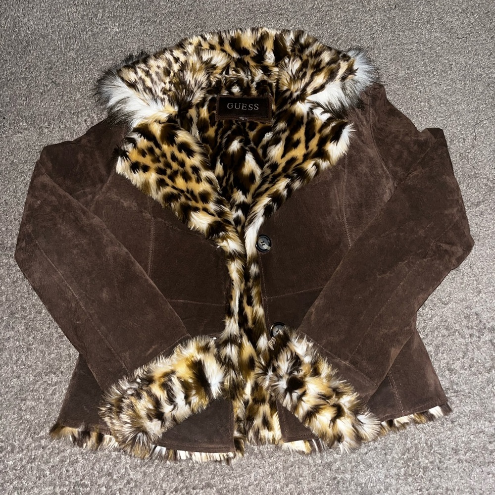 Y2K Brown soft leather leopard fur Guess jacket